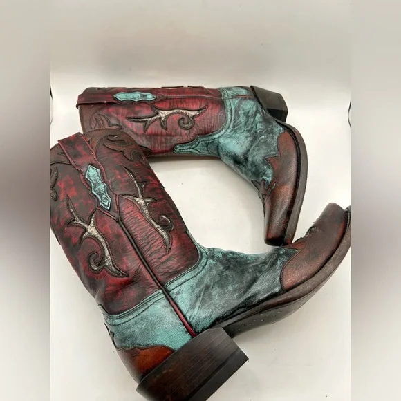 Lucchese Women’s Western Cowboy Boots Red Teal & Brown Distressed Leather Size 7 - Picture 7 of 17